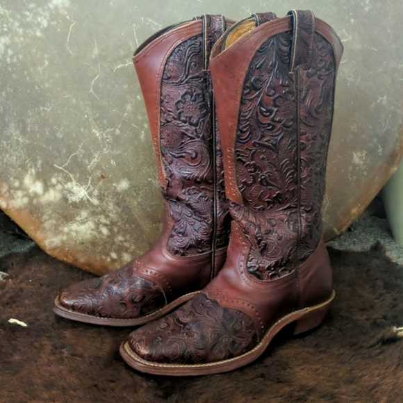 Boulet Shoes - BOULET #2069 hand tooled brown leather square toe cowgirl western boots sz 7 EUC